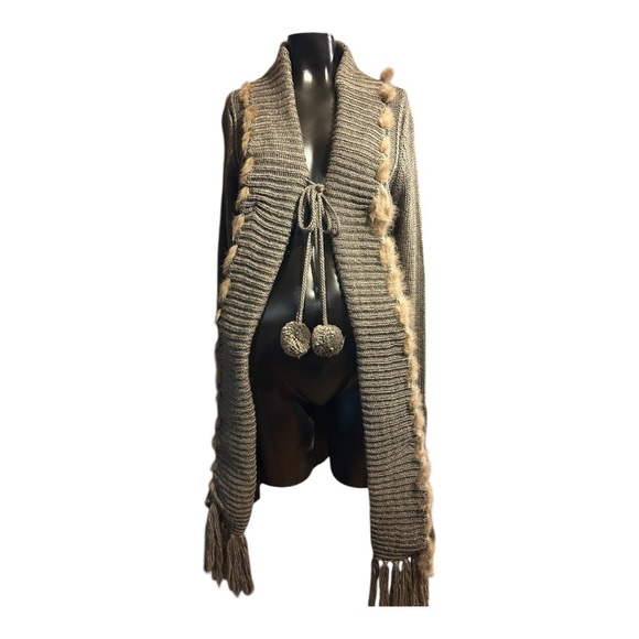 Lapis fur trim long sleeve front tie sweater - Picture 1 of 10